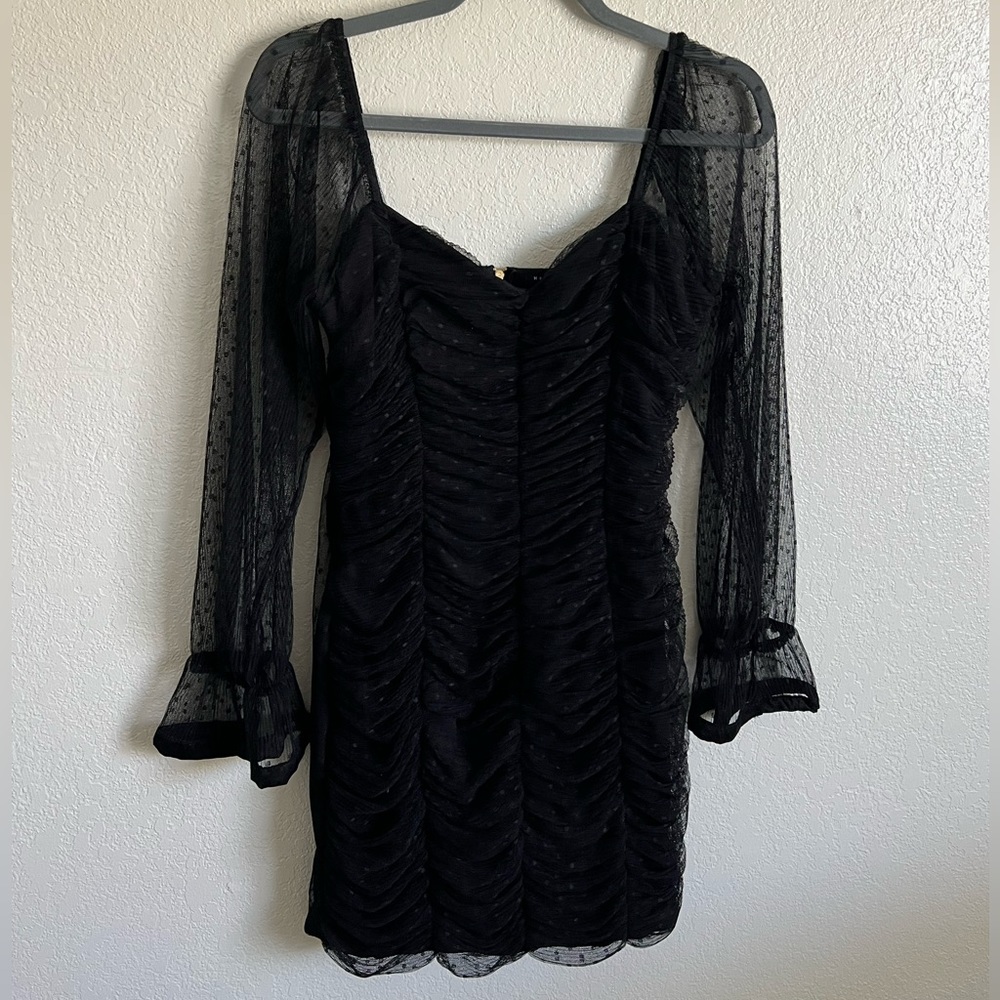 Haute Monde black ruched bodycon dress with sheer long sleeves. Size large